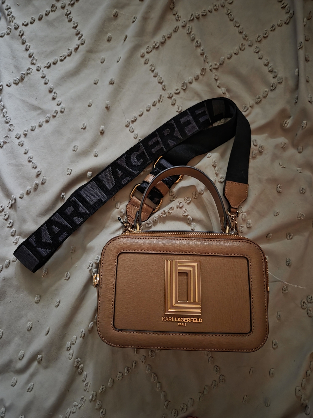 Karl Lagerfeld Tan Leather Crossbody Bag with Logo Strap